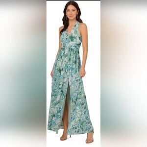 Adrianna Papell Leaf-Print Chiffon Shirred Gown NWT Size 12 Green And White